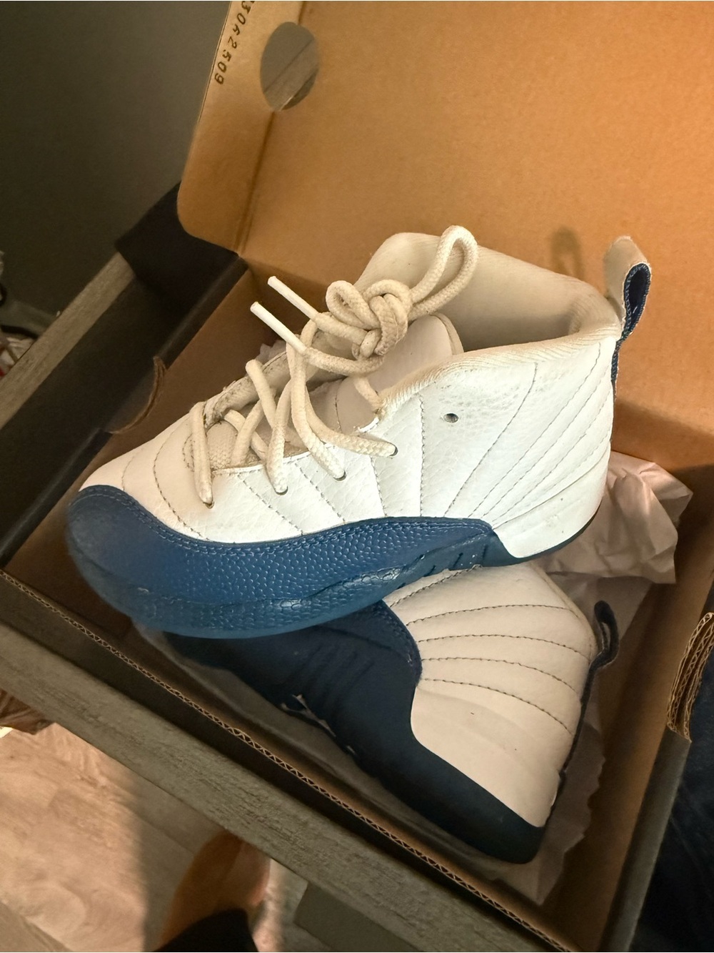 9c French Blue Jordan Kids White and Navy High-Top Sneakers